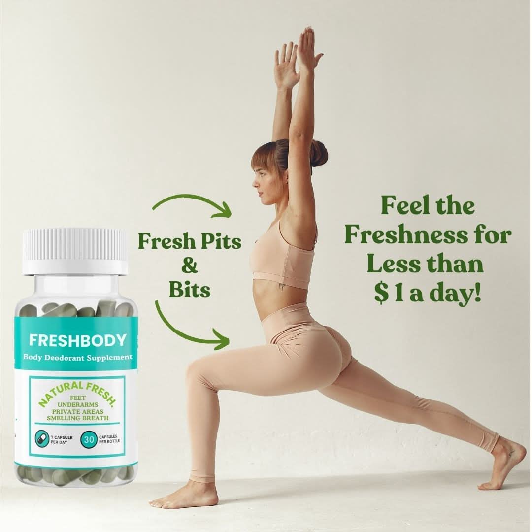 Woman in Yoga Pose Holding FreshBody Bottle – Fresh for Underarms, Feet, and Breath