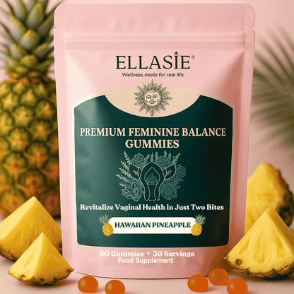 Packaging of Ellasie Premium Feminine Balance Gummies with pineapple slices and gummies on a pink background