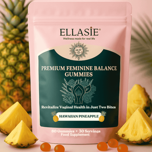 Packaging of Ellasie Premium Feminine Balance Gummies with pineapple slices and gummies on a pink background