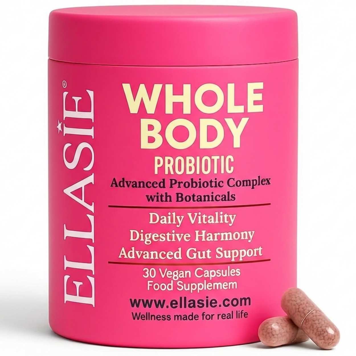 Pink container of Ellasie Whole Body Probiotic with capsules on a white background