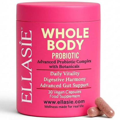 Pink container of Ellasie Whole Body Probiotic with capsules on a white background