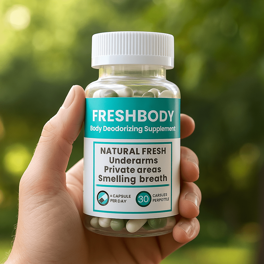 FreshBody Supplement Bottle Held Outdoors – Internal Deodorizer for Men and Women