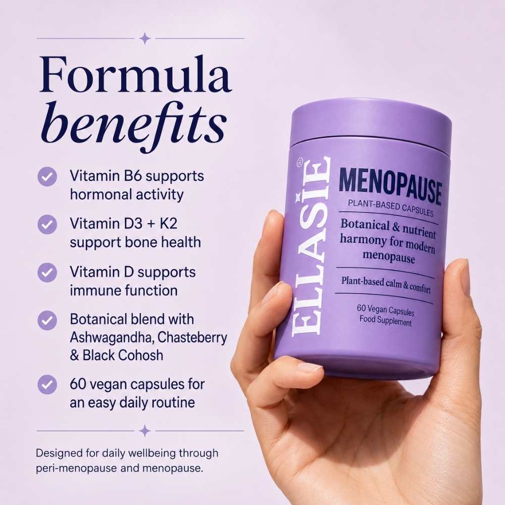 Purple supplement container labeled 'ELLASIE' held by a hand with text detailing benefits on a light purple background.