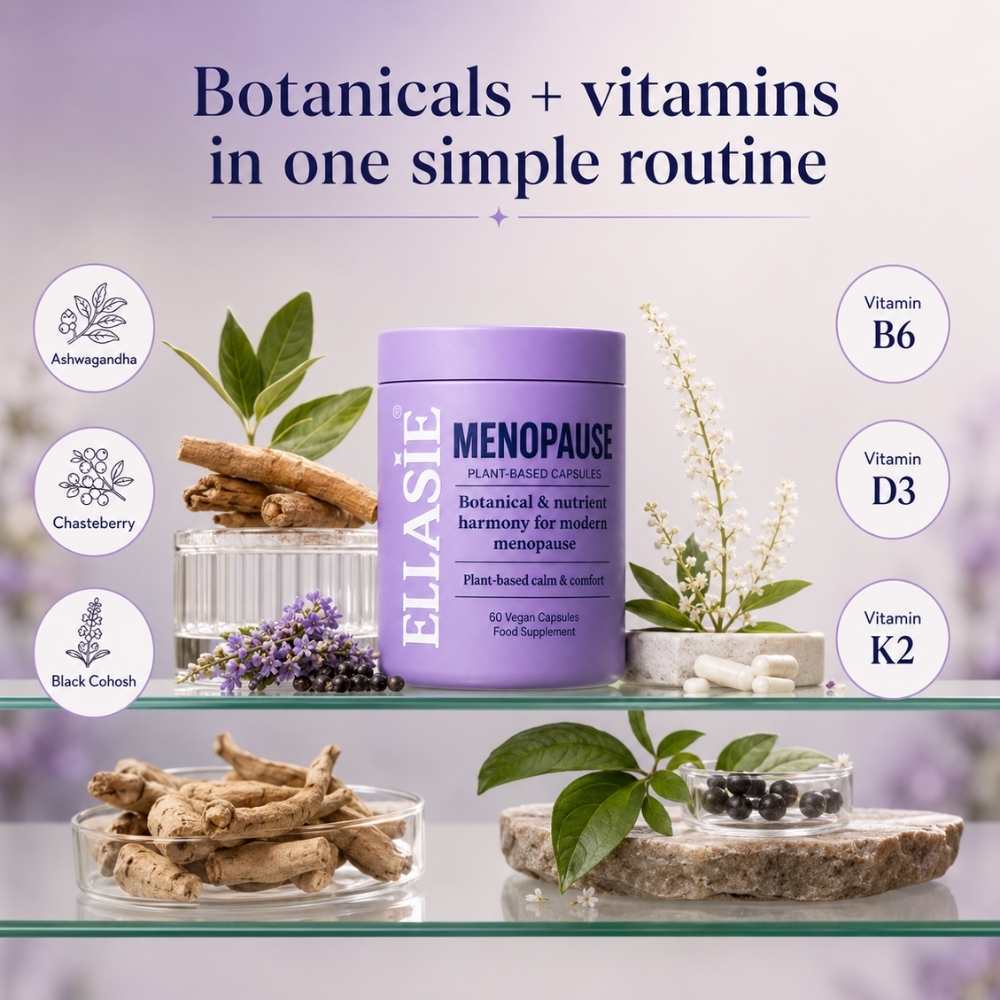 Elastie Menopause supplement container with botanicals and vitamins on a glass shelf