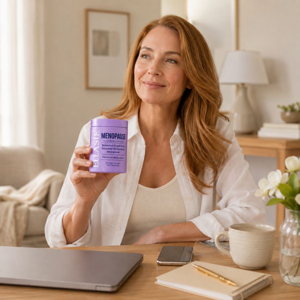 A woman sitting at a wooden desk in a bright, modern home office setting, holding up a purple cylindrical container labeled 'ellasie menopause support'.