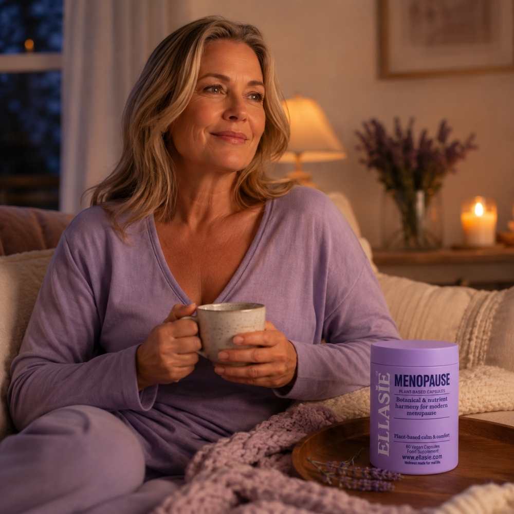 Woman in purple pajamas holding a mug in a cozy room with a Menopause supplement container on a table.