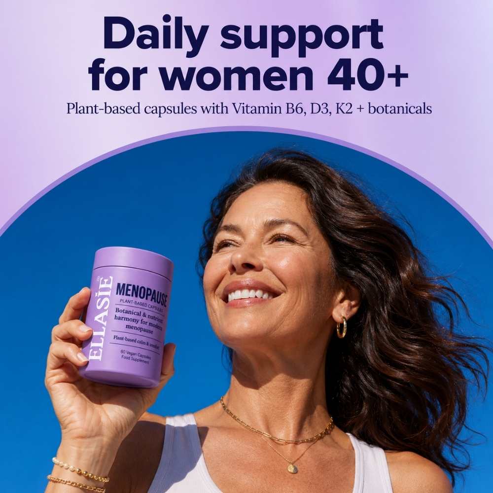 Woman holding a purple ellasie menopause supplement container with text about daily support for women 40+ on a blue and purple background.
