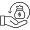 A digital icon depicting a hand holding a circular arrow with a money bag symbol, commonly used to represent financial services, investment, or savings.