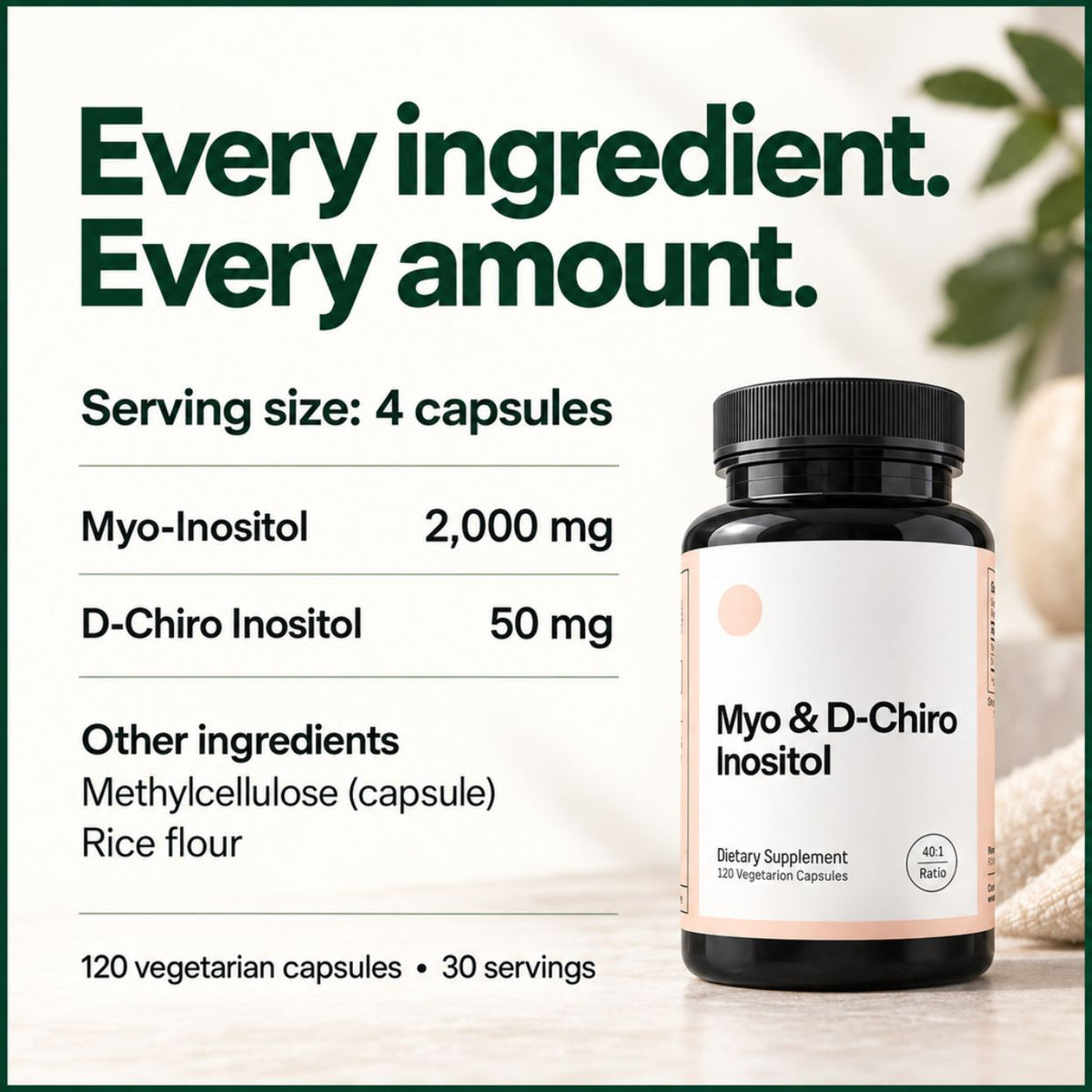 A black supplement bottle labeled 'Mio & D-Chiro Inositol' stands on a light surface beside large text describing serving size, ingredients, and capsule count. The bottle has a white label with a pale peach circle and dark text.