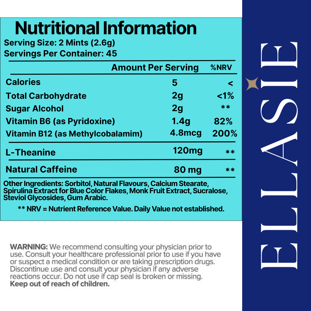 Neuro Mints: Energy Supplement with Natural Caffeine + L-Theanine & B Vitamins for daily energy. Ingredients Facts Panel
