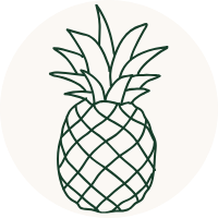 A simple dark green line drawing of a pineapple centered on a very light warm gray or off-white background.