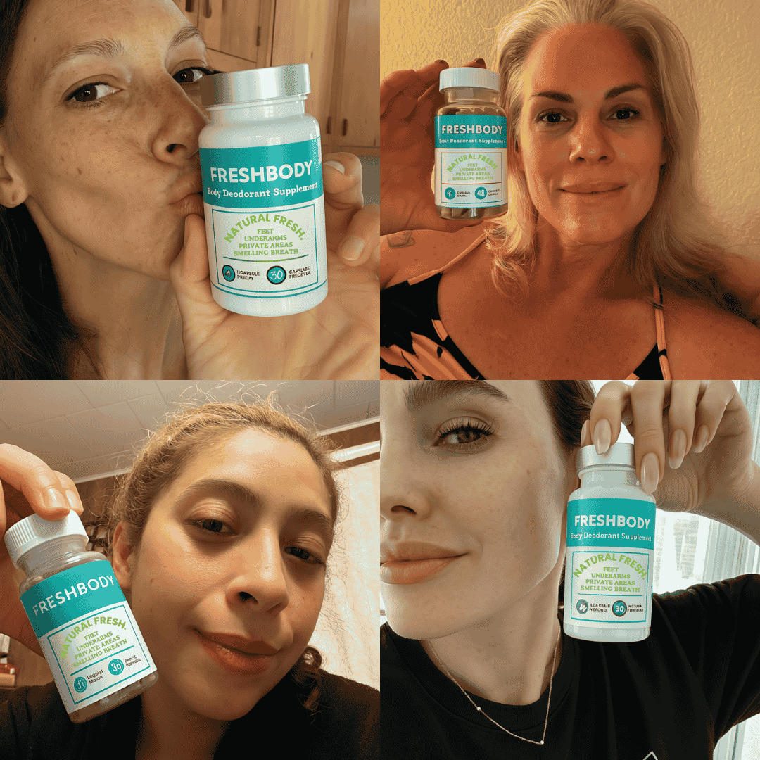 Collage of a woman holding a Ellasie Freshbody product with close-up shots of the product.