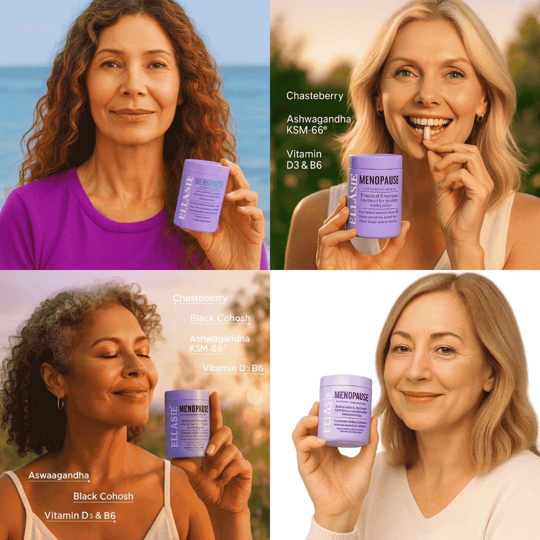 Four women holding a ellasie menopause supplement bottle on a scenic background