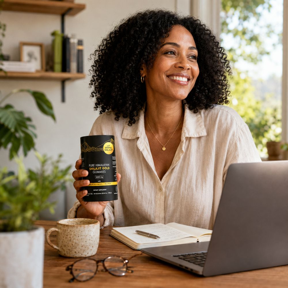 A smiling woman with curly black hair sits at a wooden desk holding a black canister of Pure Encapsulations Organic Soy Gummies. The scene is a warm, well-lit home office with a laptop, notebook, glasses, and a coffee mug in the foreground.