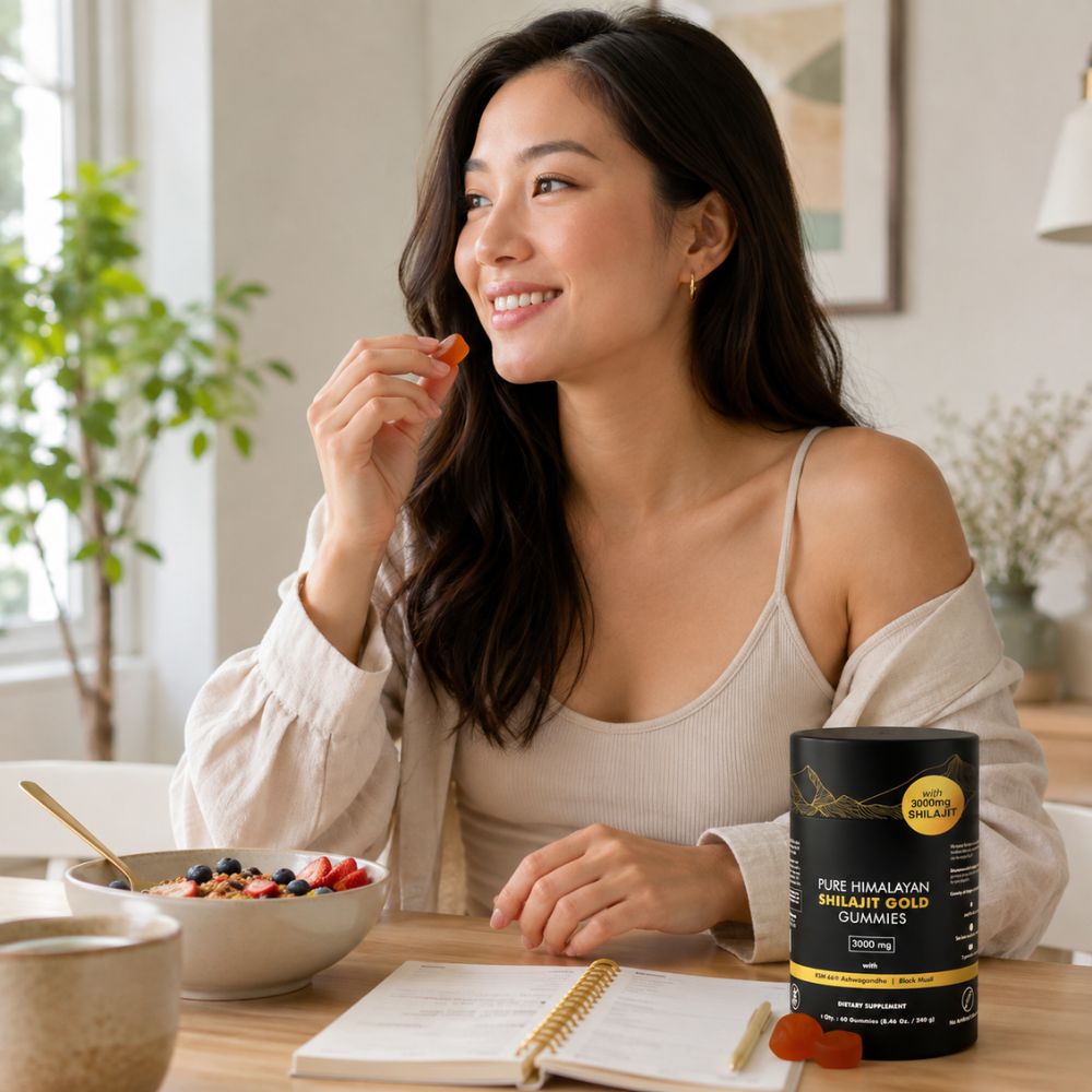A woman in a beige off-the-shoulder top sits at a wooden table in a bright, modern room, holding a dried orange fruit. In the foreground, a black cylindrical container of Pure Himalayan Sweetleaf Gold Gummies is placed next to an open notebook and a bowl of fruit and cereal.