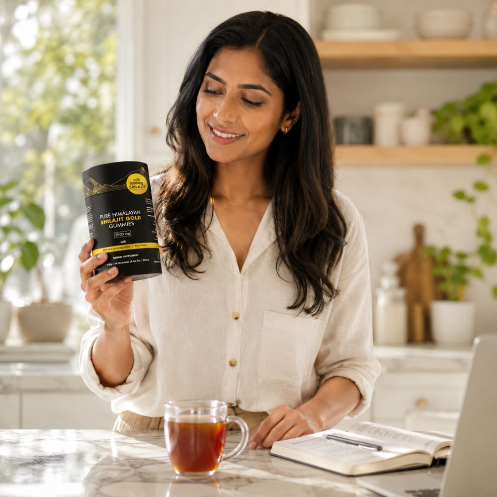 A woman in a cream blouse holds a black canister of Pure Himalayan Weight Loss Capsules on a kitchen counter, with a glass of tea, an open book, and a laptop nearby.