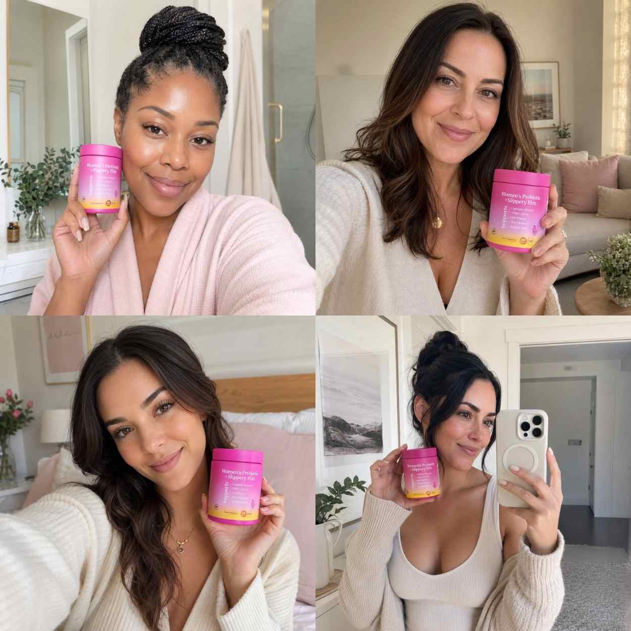 Women holding Ellasie Feminine Moisture Gummies with Slippery Elm for daily intimate comfort and feminine moisture support