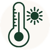 A simple dark green thermometer icon with a sun icon above it on a light gray background.