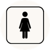 A white square sign with rounded corners featuring a black female restroom symbol in the center.
