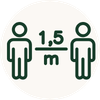 A simple icon showing two small human figures side by side with the text '1,5 m' between them, on a light gray background.