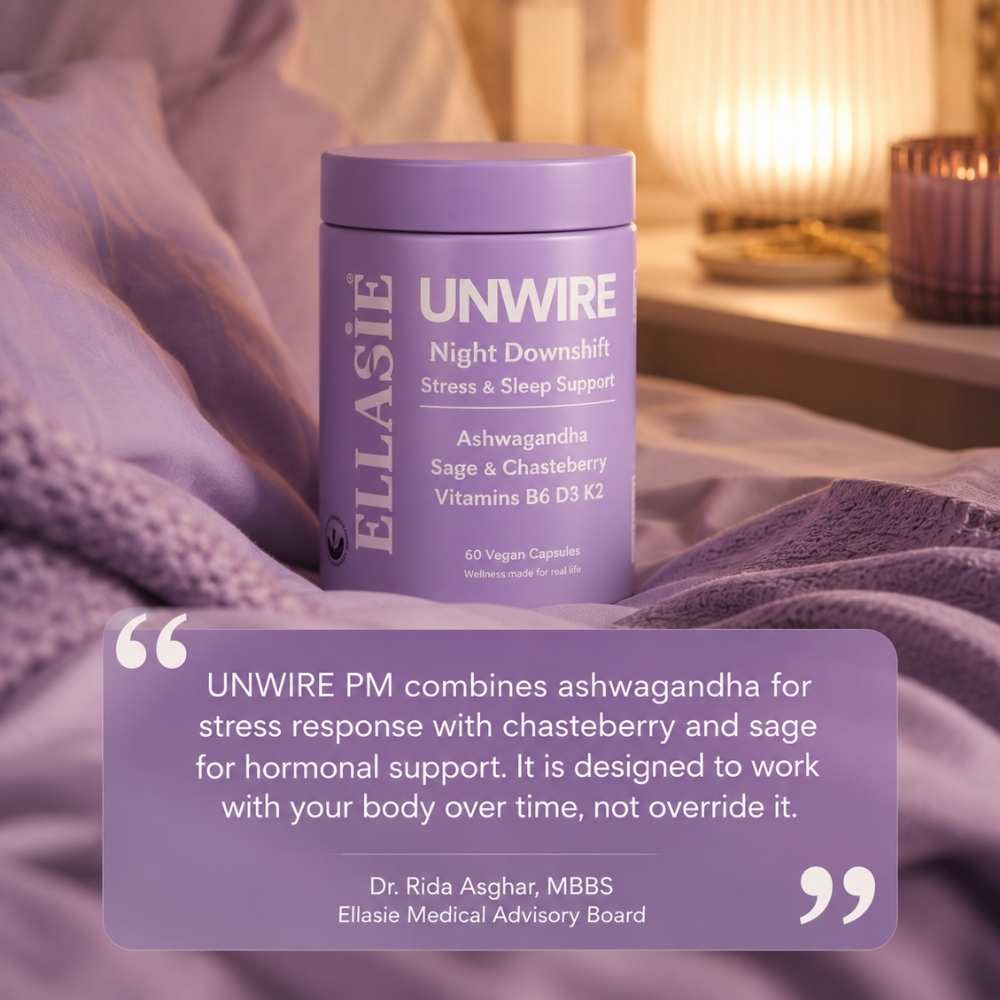 Ellasie UNWIRE supplement container on a purple blanket with a quote about its benefits.