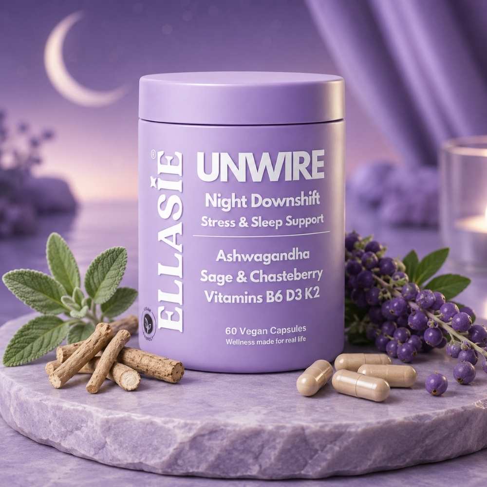 EllaSIE UNWIRE supplement container with herbs and capsules on a purple background