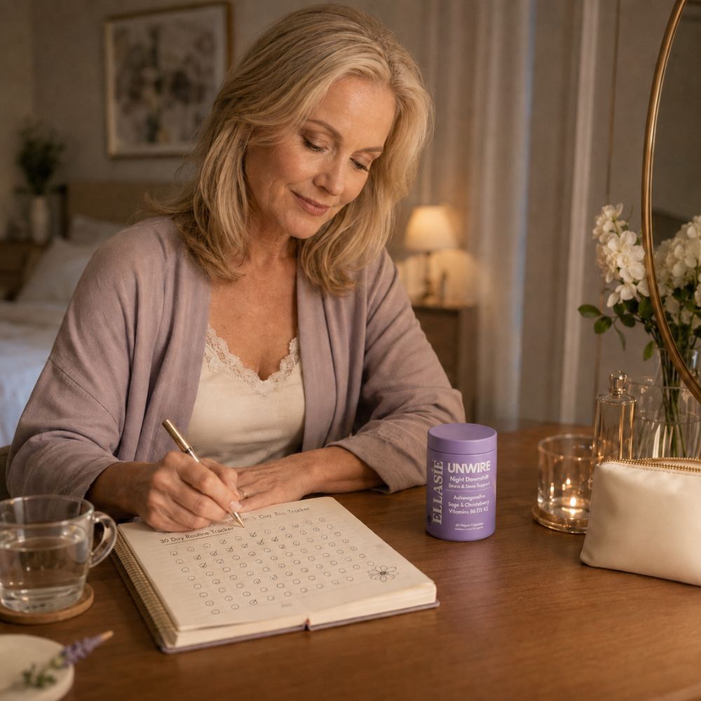 woman in a desk writting with unwire pm ellasie bottle