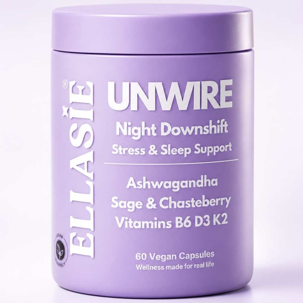 Purple container of ELASIE Unwire Night Downshift supplement on a white background