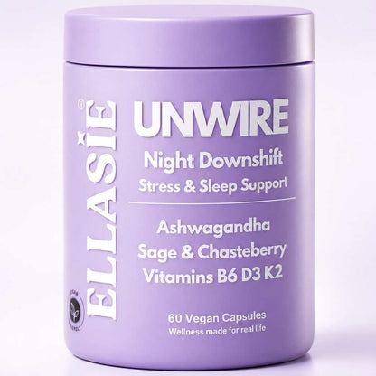 Purple container of ELASIE Unwire Night Downshift supplement on a white background
