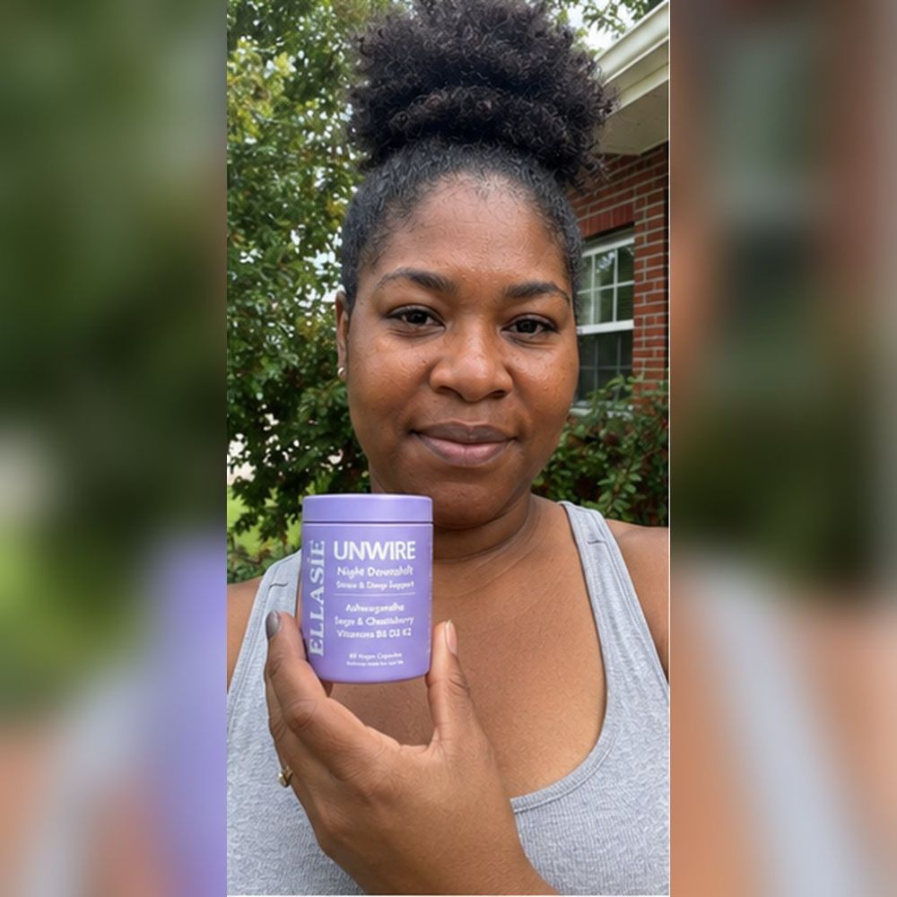 A woman outdoors holds a purple tub of ELLASiE UNWIRE Light Detangling Hair Styptic. The product packaging is a light purple/lavender color with white text, and the background shows blurred green foliage and a brick house.