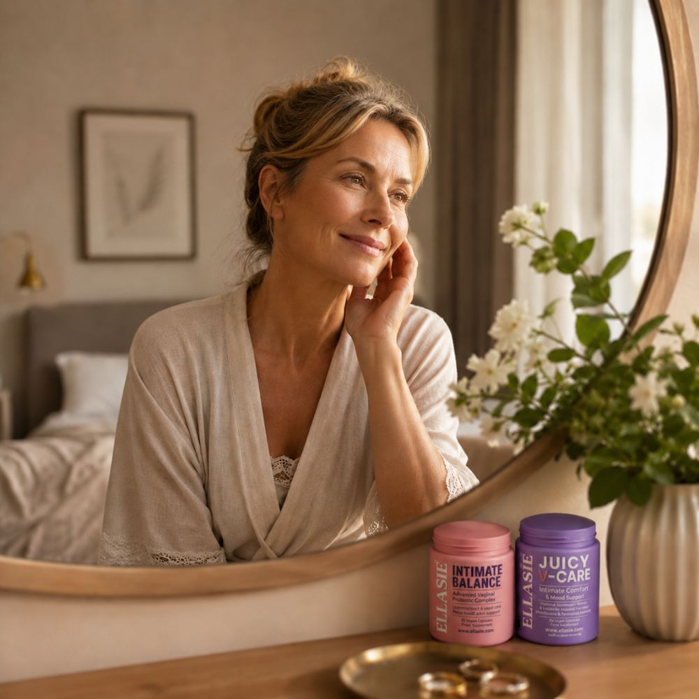 A woman in a cream robe looks into a bedroom mirror while two ELLASIE skincare jars sit on the vanity in the foreground. The products are labeled 'Intimate Balance' in pink and 'Juicy Care' in purple.