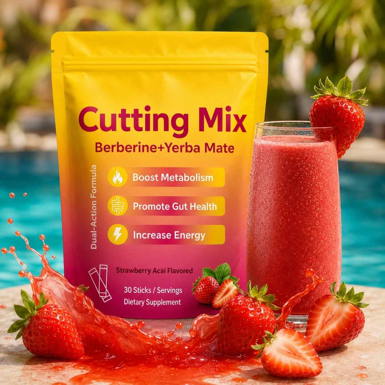 A stand-up pouch of Ellasie Cutting Mix Berberine+Yerba Mate dietary supplement in strawberry acai flavor, shown next to a glass of pink-red smoothie with fresh strawberries, set against a tropical poolside background.