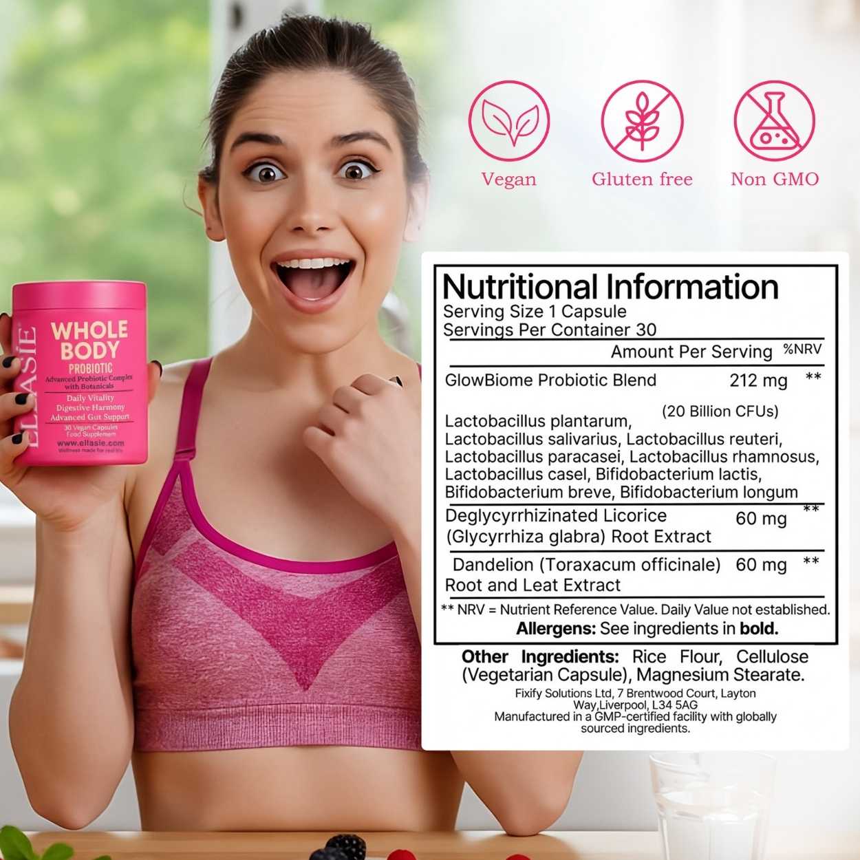 Woman holding ellasie whole body probiotic supplement container with nutritional information displayed.