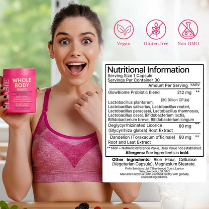 Woman holding ellasie whole body probiotic supplement container with nutritional information displayed.