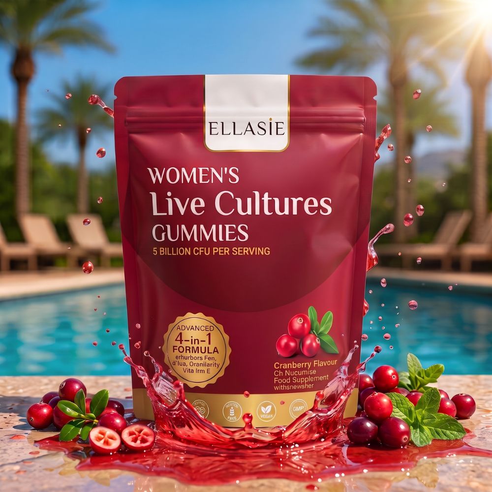 ellasie live cultures pouch with cramberry around and splash of cramberry juicy