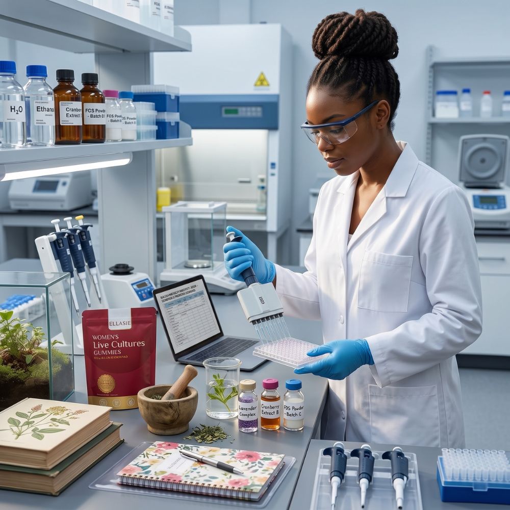 A woman in a white lab coat and blue gloves works in a modern biology lab, using a pipette over a sample plate. Shelves and workbench are filled with bottles, microscopes, pipettes, notebooks, and lab equipment.